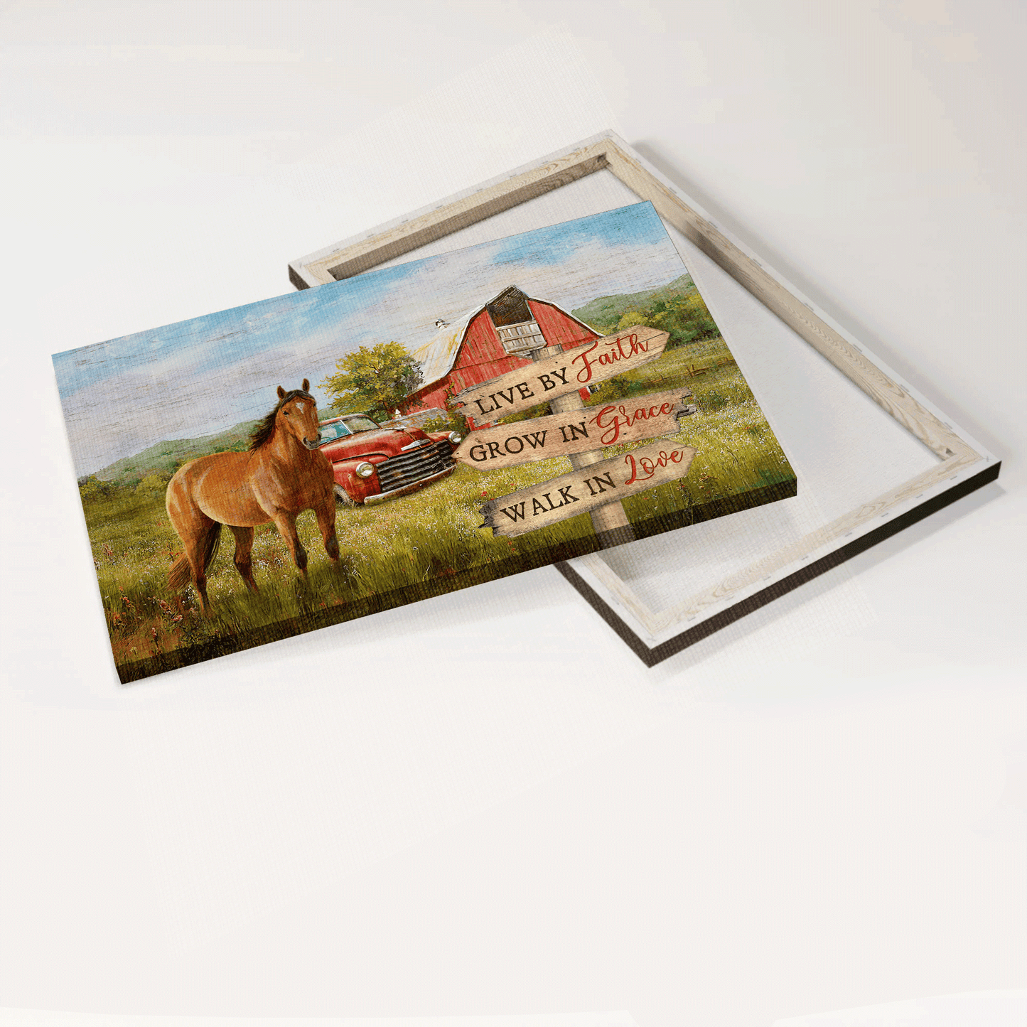 Jesus Landscape Canvas- Beautiful horse drawing, Red house canvas- Gift for Christian- Live by faith grow in grace walk in love