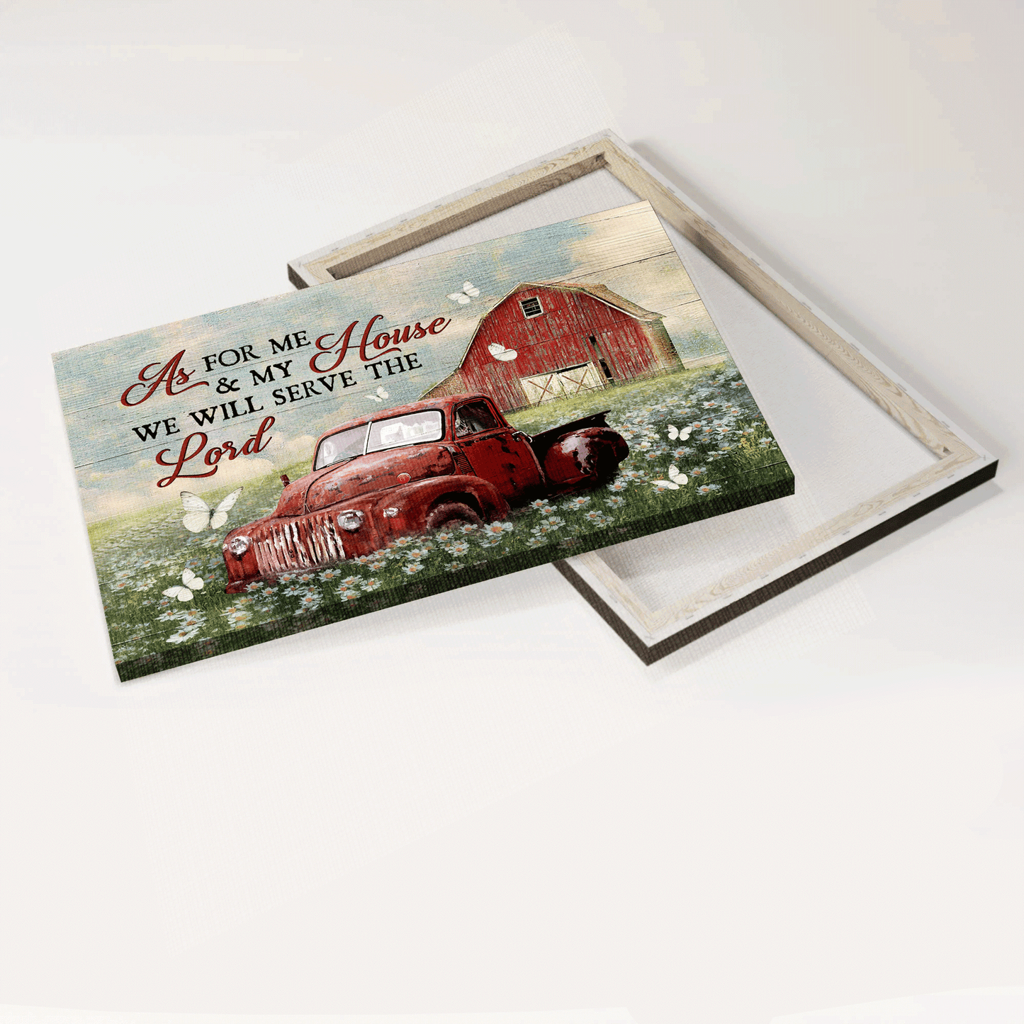 Jesus Landscape Canvas - Stunning Daisy Field, Old Red Truck, White Butterfly Canvas - Gift For Christian - We Will Serve The Lord Canvas