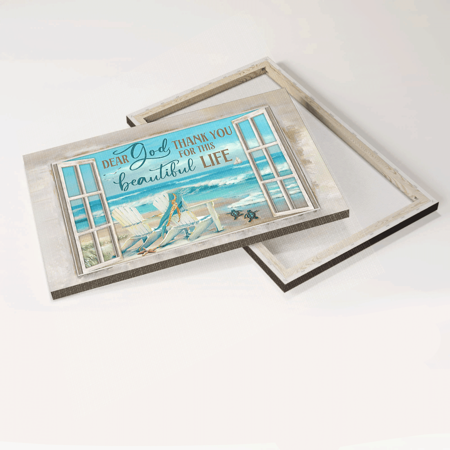 Jesus Landscape Canvas- Blue ocean drawing, White chairs, Turtle canvas- Gift for Christian- Thank you for this beautiful life - Landscape Canvas Prints, Christian Wall Art