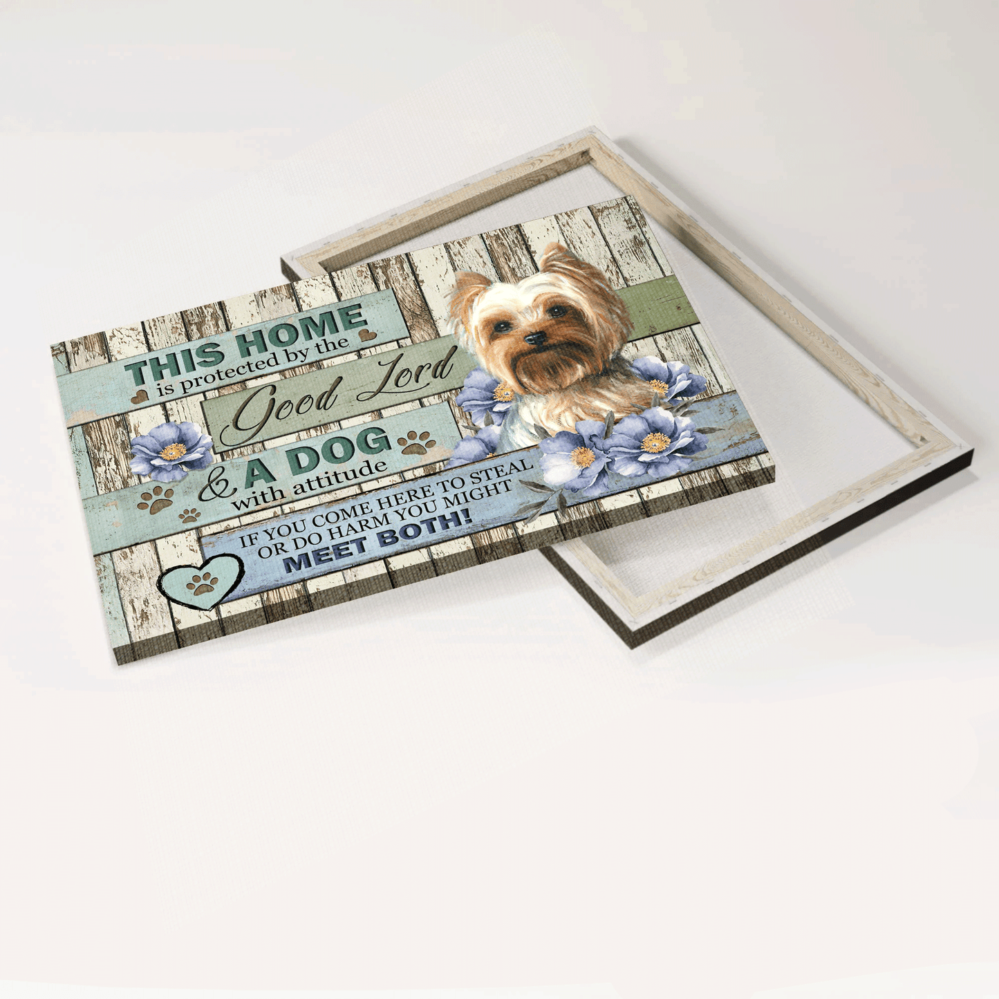 Jesus Landscape Canvas - Lovely Yorkshire Terrier, Blue flower Landscape Canvas - Gift For Christian - This home is protected by a dog with attitude Landscape Canvas