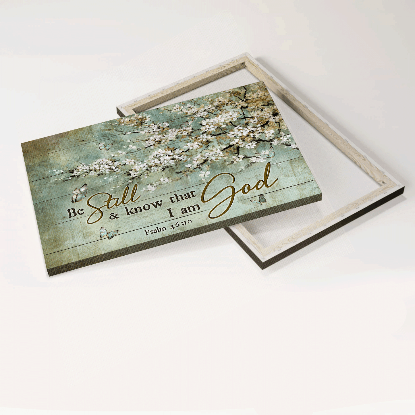 Jesus Landscape Canvas -Blue butterfly, Vintage painting, White flowers Landscape Canvas - Gift For Christian - Be still and know that I am God Landscape Canvas