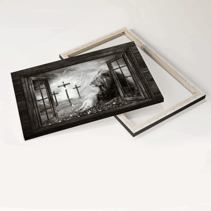Jesus Landscape Canvas- Black and White Lion of Judah, Lamb of God, Three rugged crosses- Gift for Christian- On a peaceful day - Landscape Canvas Prints, Wall Art