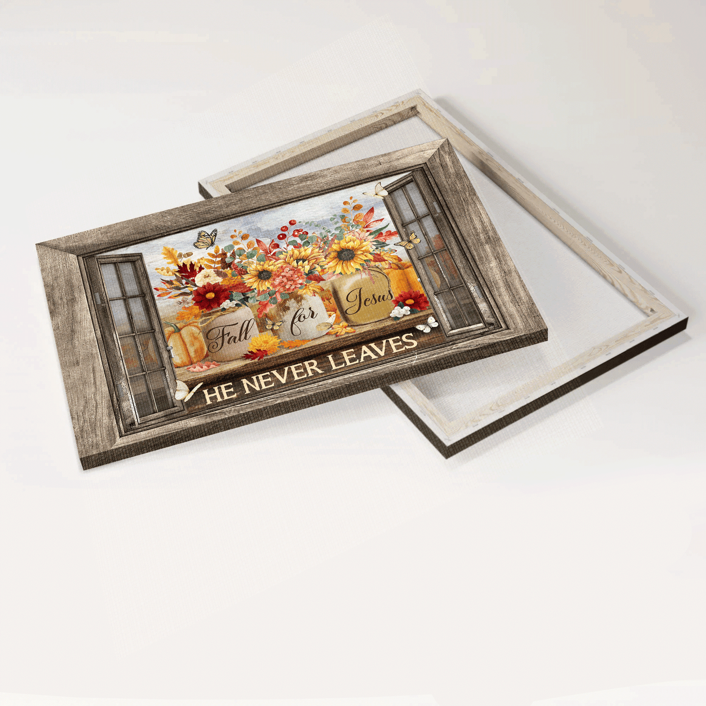 Jesus Landscape Canvas- Colorful Flower, Pumpkin Painting, Colorful Butterfly, Wooden Window Frame canvas- Gift for Christian- Fall For Jesus, He Never Leaves- Landscape Canvas, Wall Decor