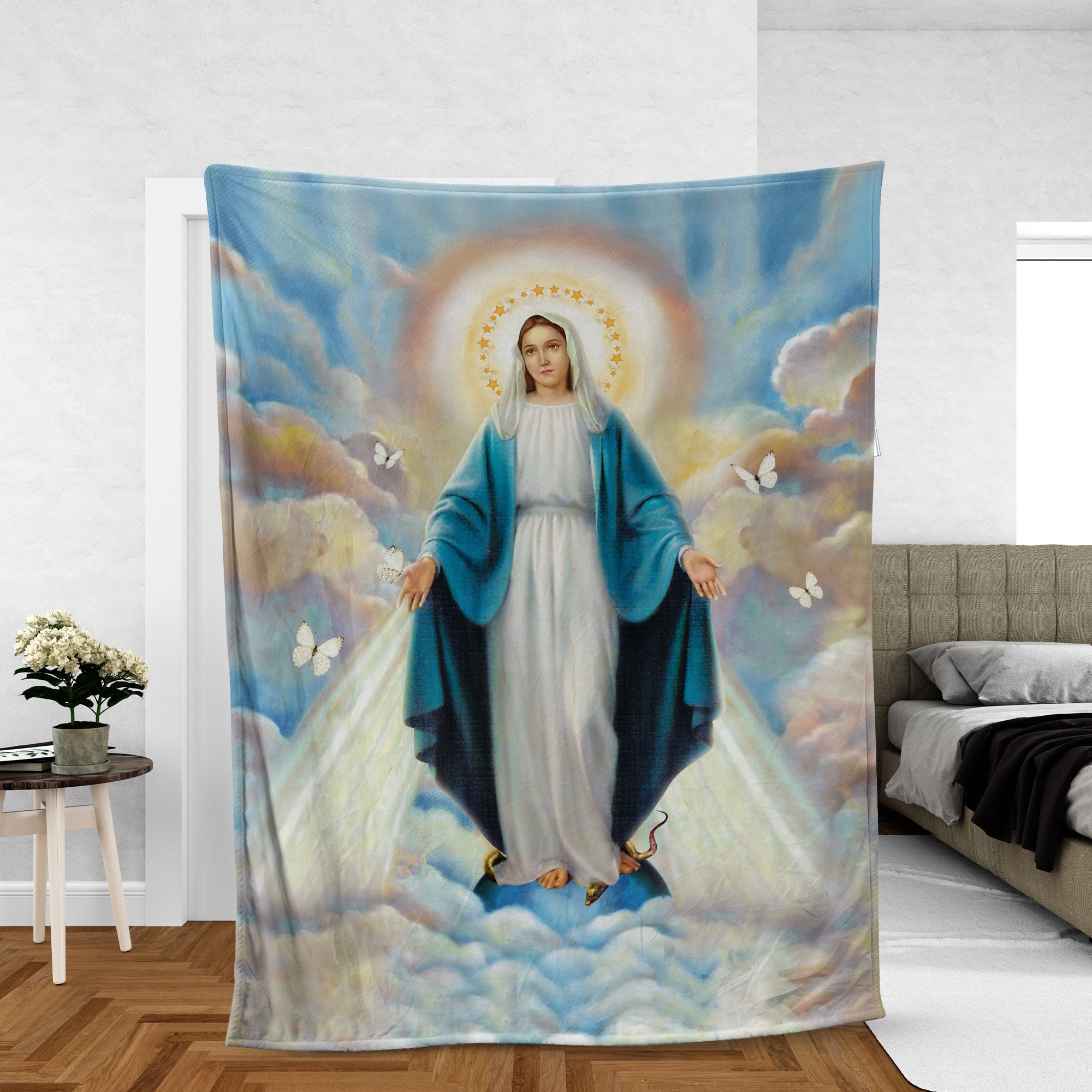 Christian Throw Blanket, Faith Blanket, Jesus Blanket, Inspirational Gift - Beautiful Virgin Mary, Stunning sky, The way to heaven, White butterfly