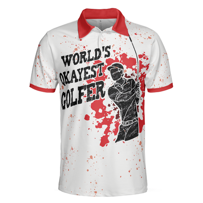 World's Okayest Golfer Golf Polo Shirt, Red Paint Splash Black Golfer Silhouette Polo Shirt, Best Golf Shirt - Perfect Gift For Men