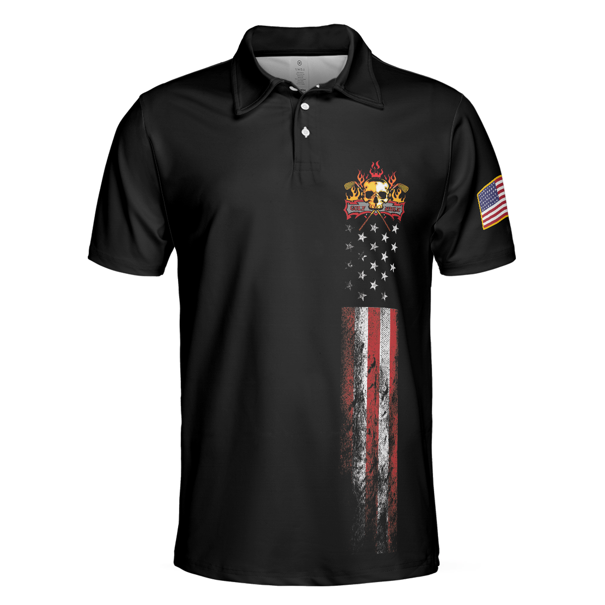 Golf Skull America Flag Short Sleeve Polo Shirt, Wet Paint Black Polo Shirt, Best Golf Shirt For Men - Best Gift For Golf Lovers