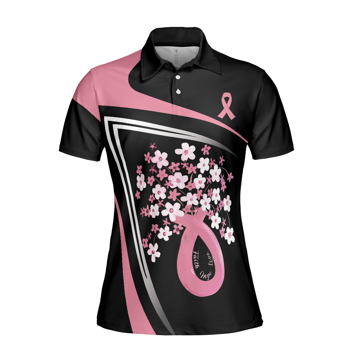 Flowers Faith Hope Love Pink Breast Cancer Awareness Short Sleeve Women Polo Shirt, Awareness Ribbon Polo Shirt For Ladies