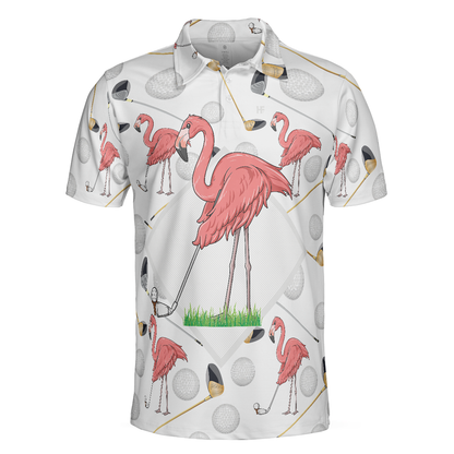 Flamingo Golfer Polo Shirt, Pink Flamingo Golf Polo Shirt, Flamingo Themed Short Sleeve Shirt For Golfers