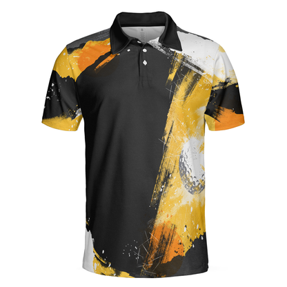 Artistic Black and Gold Crayon Strokes Short Sleeve Men Polo Shirt, Golf On Golf Shirt For Men