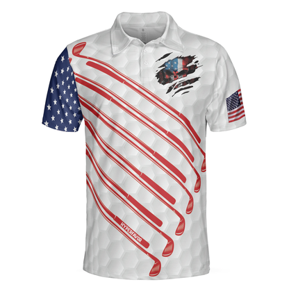 American Flag Skull White Golf Pattern Men Polo Shirt, Ripped American Flag Polo Shirt, Patriotic Golf Shirt For Men, Best Gift For Golfers
