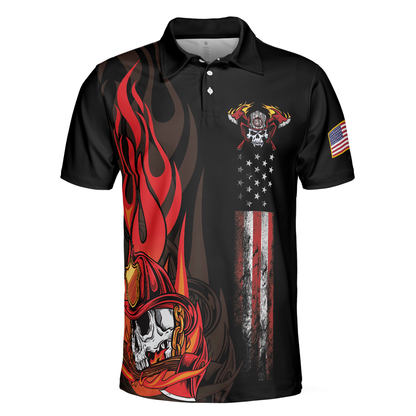 Firefighter Skull Flame Short Sleeve Men Polo Shirt, Black American Flag Firefighter Shirt For Men, Gift For Firefighter
