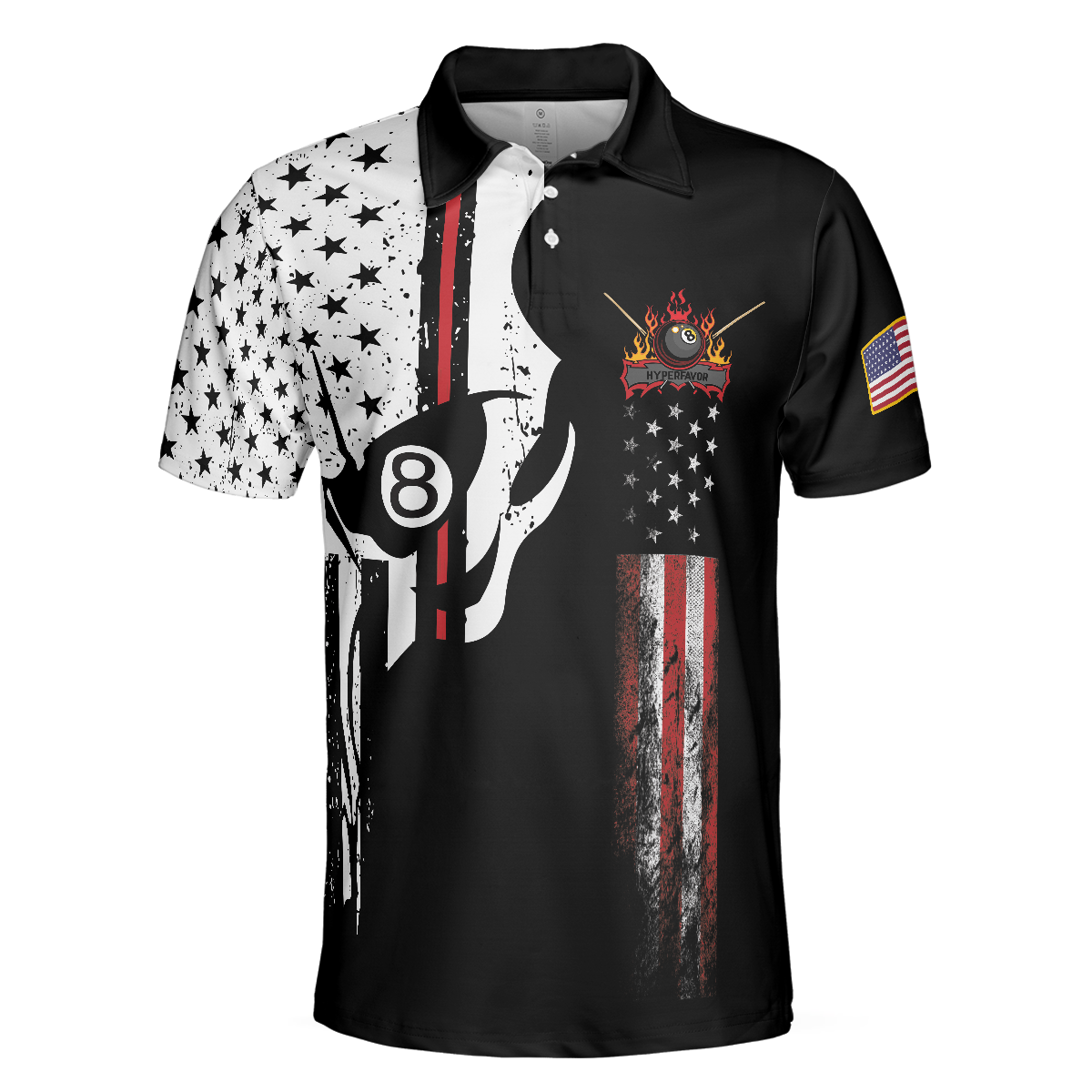 Skull Billiards Pool Polo Shirt, Black And White American Flag Polo Shirt, Patriotic Billiards Shirt For Men - Perfect Gift For Men, Billiard Lovers