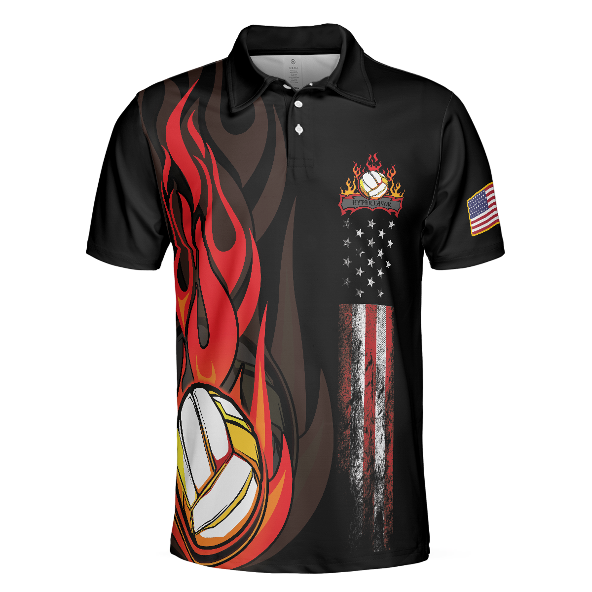 Volleyball Flame Short Sleeve Polo Shirt, Black American Flag Polo Shirt, Best Volleyball Shirt - Perfect Gift For Men