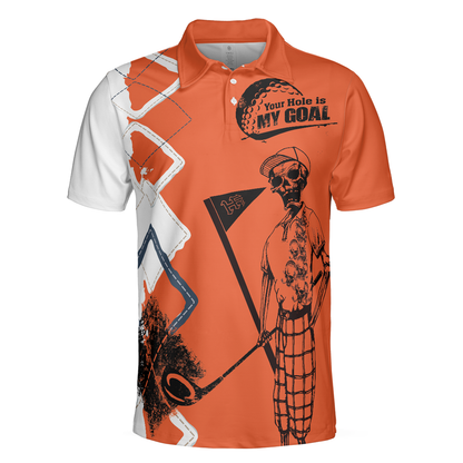 Your Hole Is My Goal Golf Polo Shirt, Orange Argyle Pattern Skeleton Golfer Polo Shirt, Best Golf Shirt - Perfect Gift For Men