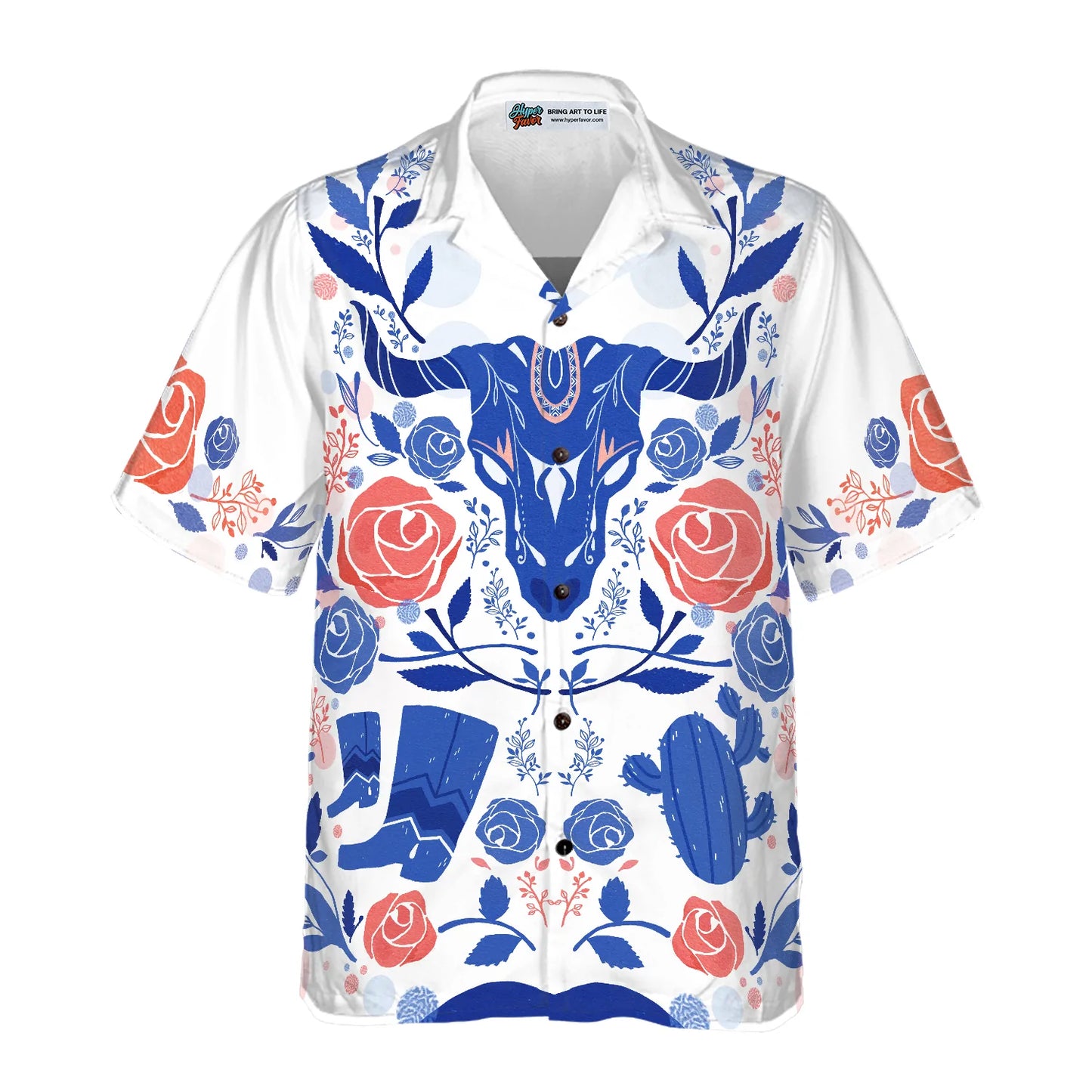 Artistic Longhorn Skull Texas Hawaiian Shirt For Men, White Blue Aloha Shirt For Texans, Texas Lovers