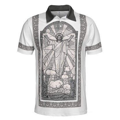 Black And White Jesus Men Polo Shirt, Jesus's Resurrection Egyptian Polo Shirt, Best Christian Shirt For Men