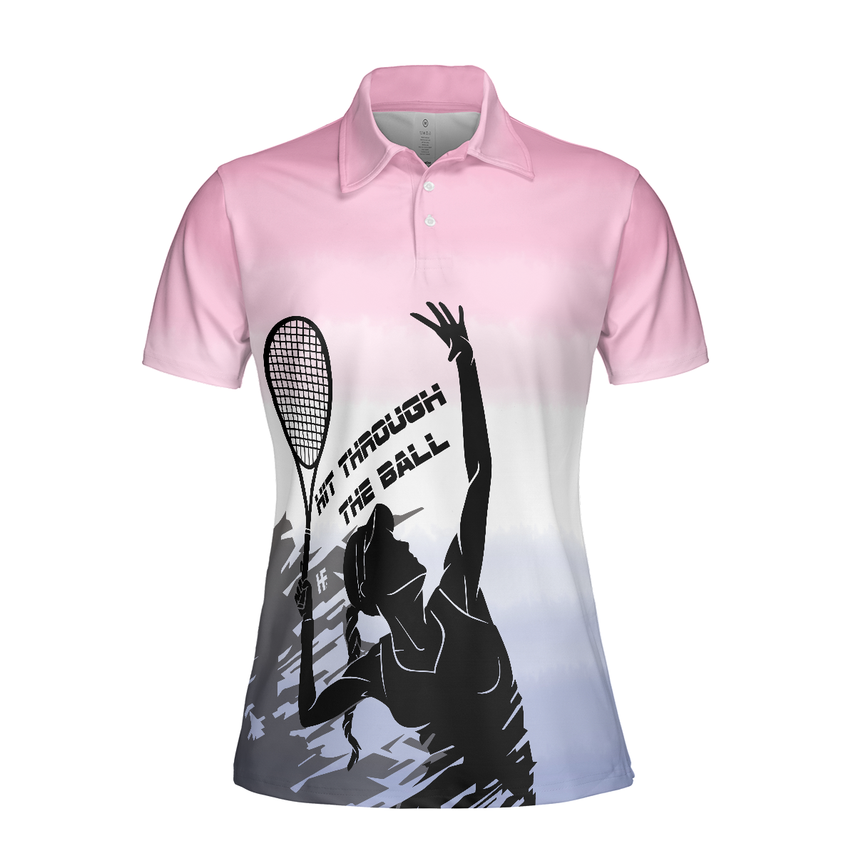 Hit Through The Tennis Ball Dip-dyed Pink Short Sleeve Women Polo Shirt, Black And White Girl Plays Tennis Polo Shirts For Ladies, Cool Tennis Gift
