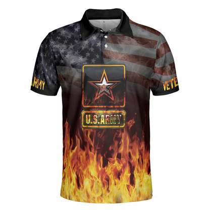 US Army Veteran And Flame Polo Shirt, American Flag Veteran Shirt For Retired Veterans, Flame Veteran Shirt - Perfect Gift For Men