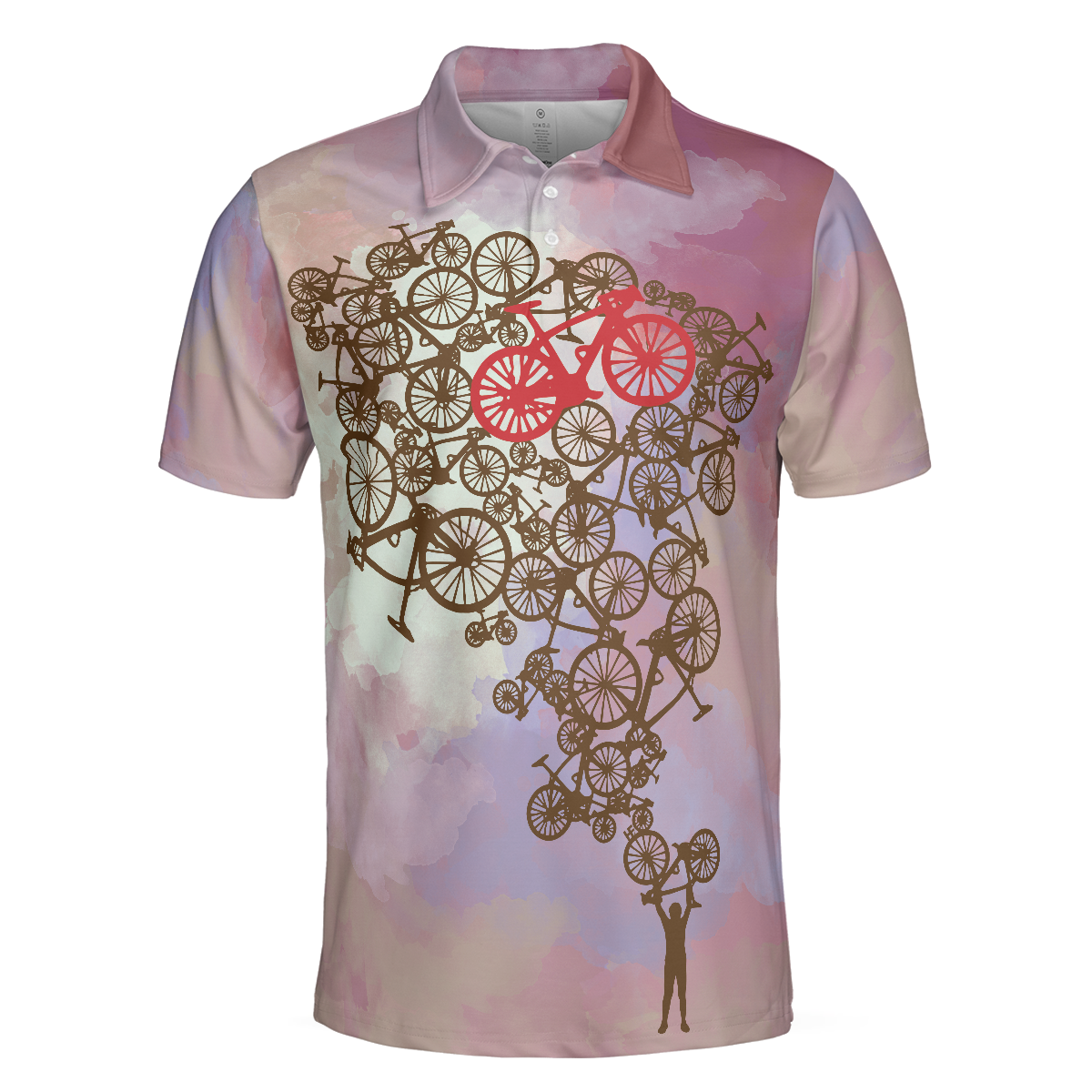 Cycling Polo Shirt, Tie Dye Pink Cycling Shirt For Bikers, Best Cycling Themed Polo Shirt For Adults