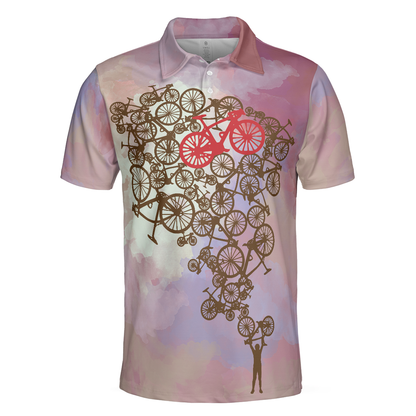 Cycling Polo Shirt, Tie Dye Pink Cycling Shirt For Bikers, Best Cycling Themed Polo Shirt For Adults