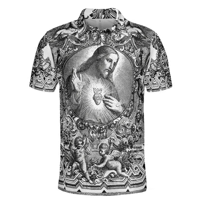 Jesus Christ Vintage Sketch Art Christian Men Polo Shirt, Black And White Christian Shirt For Men