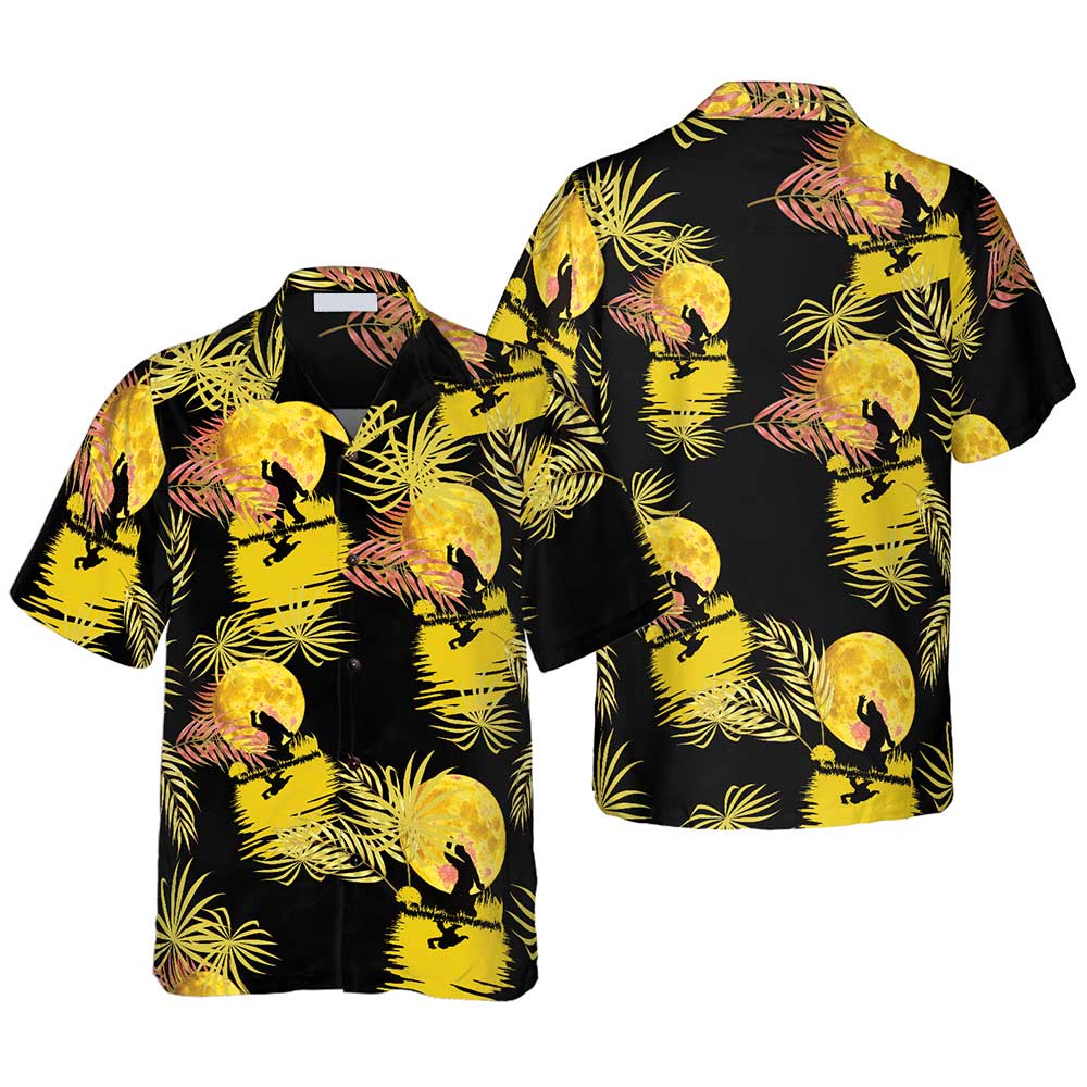 Bigfoot Tropical Yellow Moon Bigfoot Hawaiian Shirt, Black And Yellow Moonlight Bigfoot Shirt For Men - Perfect Gift For Friends, Husband, Boyfriend, Girlfriend, Family