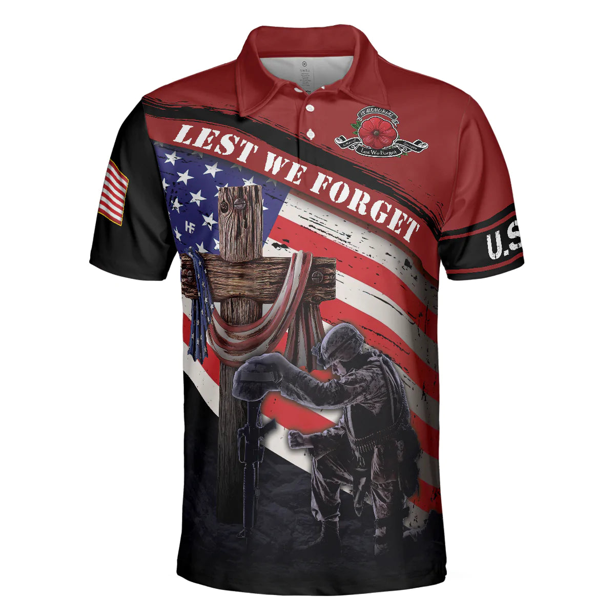 American Flag Wooden Cross Men Polo Shirt, Lest We Forget With USA Flag Polo Shirt For Male, Gift Idea For Veterans