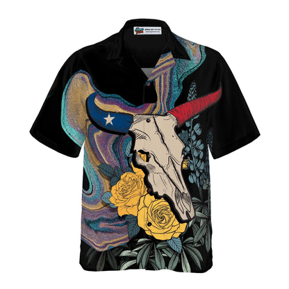 Artistic Longhorn Skull Texas Hawaiian Shirt, Black Royal Gold Rose Aloha Shirt For Men, Bluebonnet Proud Texas Shirt For Texans, Best Gift For Summer, Husband, Boyfriend