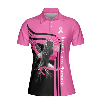 Breast Cancer Awareness Women Polo Shirt, Be Stronger Than The Storm Short Sleeve Shirt For Women, Eagle Awareness Ribbon Polo Shirt For Ladies