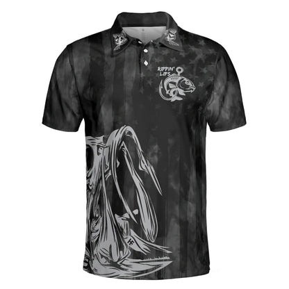 Black Fish Hook Men Polo Shirt, Rippin' Lips Skull Fish Skeleton Fishing Polo Shirt, Best Fishing Shirt For Male