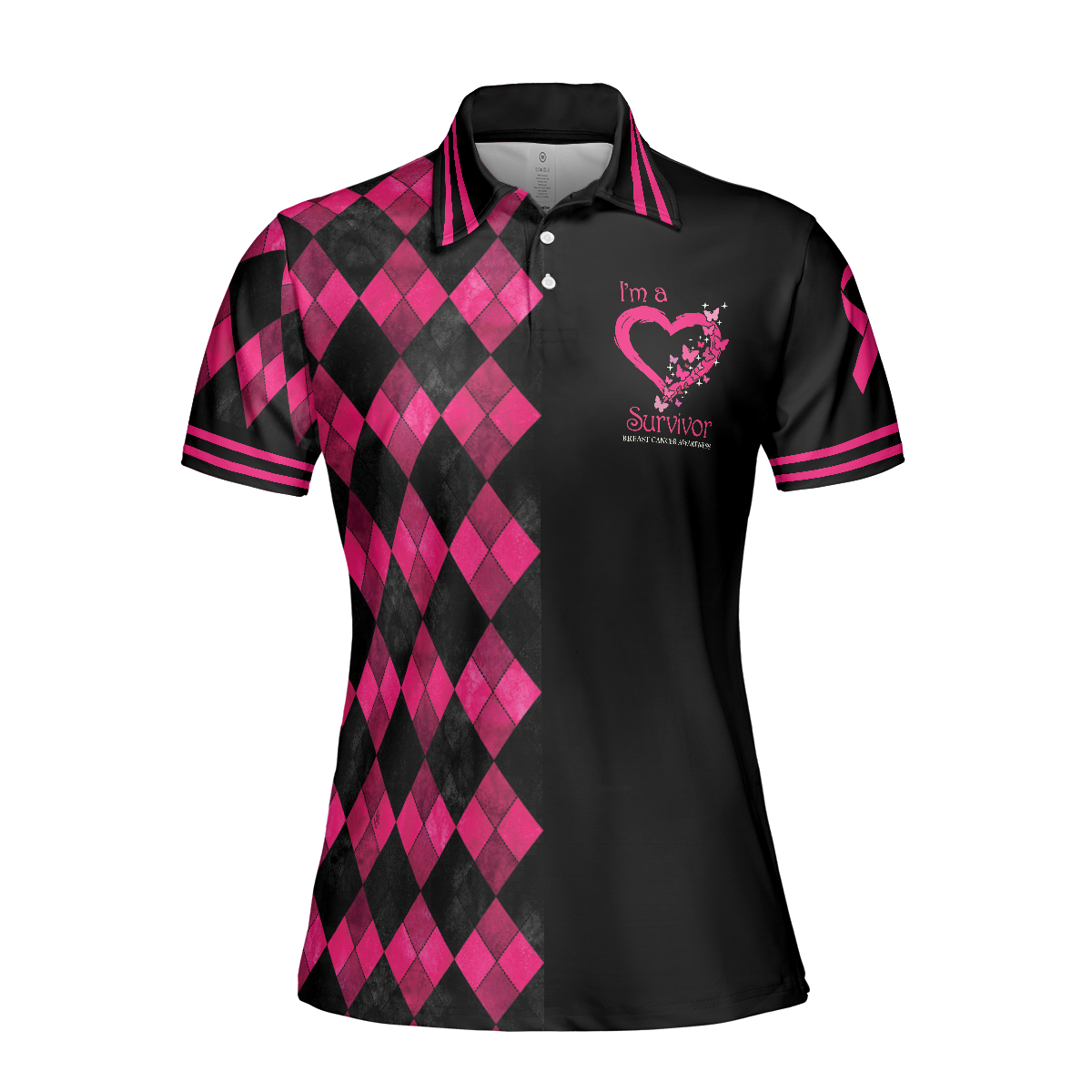 Breast Cancer Women Polo Shirt, I'm A Survivor Breast Cancer Awareness Short Sleeve Women Polo Shirt, Black And Pink Argyle Pattern Shirt