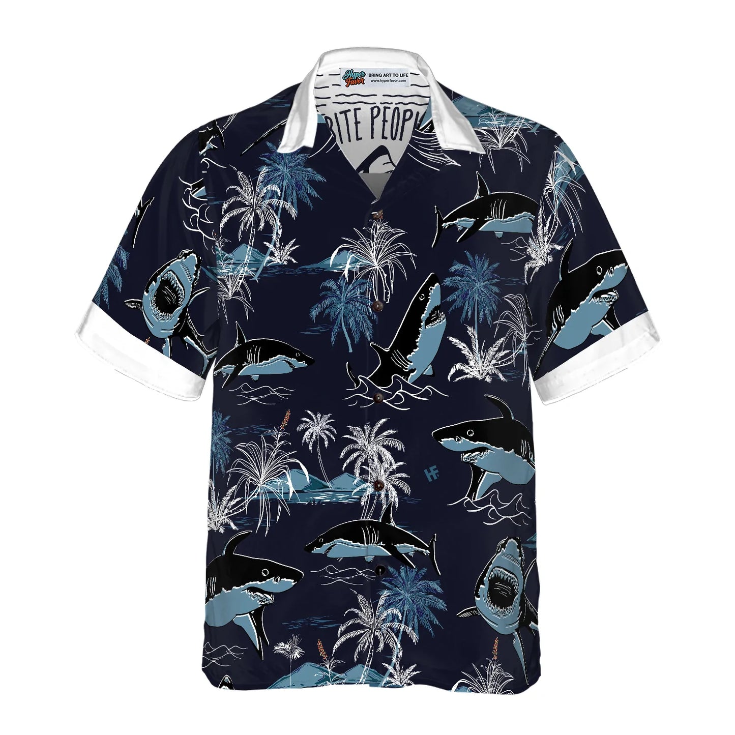 Bite People Hail Satan Shark Hawaiian Shirt, Shark Aloha Shirt - Perfect Gift For Shark Lover, Husband, Wife, Boyfriend, Girlfriend, Family, Friends