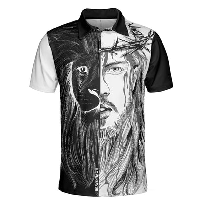 Jesus Christ Lion Contrast Art Christian Men Polo Shirt, Black And White Christian Shirt For Men, Best Shirt For Christian