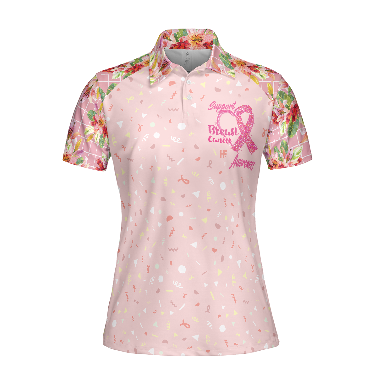 Colorful Flower Breast Cancer Awareness Women Polo Shirt, Fight Hope Love Breast Cancer Awareness Month Short Sleeve Shirt