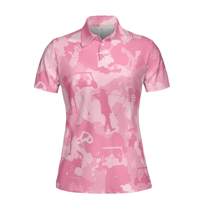 Golf Girl Camouflage V2 Short Sleeve Women Polo Shirt, Pink Camo Golf Shirt For Ladies, Cool Golf Gift For Women, Best Gift For Women Golfers