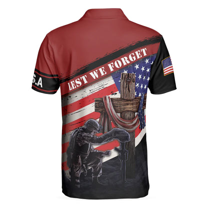 American Flag Wooden Cross Men Polo Shirt, Lest We Forget With USA Flag Polo Shirt For Male, Gift Idea For Veterans