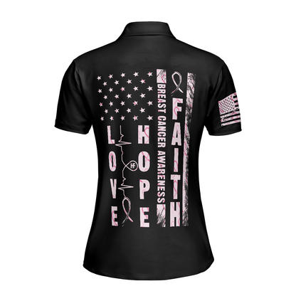 Flower America Flag Breast Cancer Awareness Women Polo Shirt, Faith Hope Love Breast Cancer Awareness Short Sleeve Polo Shirt, Support Gift For Breast Cancer Survivors