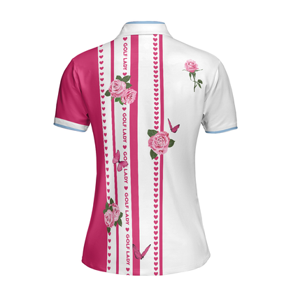 Golf Lady With Roses In Vintage Style Golf Short Sleeve Women Polo Shirt, Floral Shirt For Golf Ladies