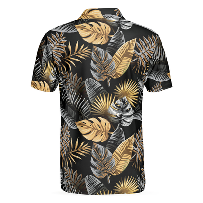 Tropical Golden Palm Leaves Pattern Polo Shirt, Tropical Leaf Polo Shirt For Adults, Summer Vibe Shirt - Perfect Gift For Men