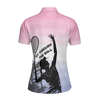 Hit Through The Tennis Ball Dip-dyed Pink Short Sleeve Women Polo Shirt, Black And White Girl Plays Tennis Polo Shirts For Ladies, Cool Tennis Gift