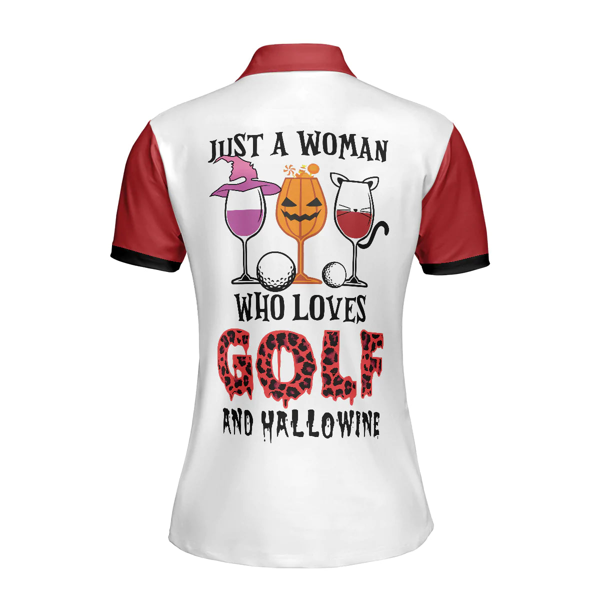 White And Red Leopard Argyle Pattern Wine Women Polo Shirt, Just A Woman Who Loves Golf And Hallowine Golf Short Sleeve Shirt For Female, Halloween Golf Shirt For Ladies