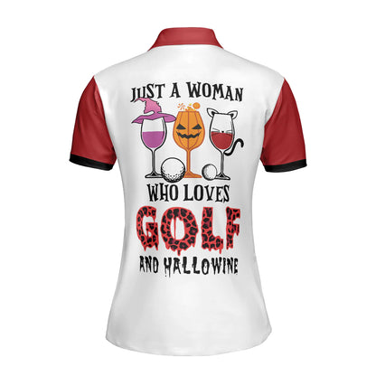 White And Red Leopard Argyle Pattern Wine Women Polo Shirt, Just A Woman Who Loves Golf And Hallowine Golf Short Sleeve Shirt For Female, Halloween Golf Shirt For Ladies