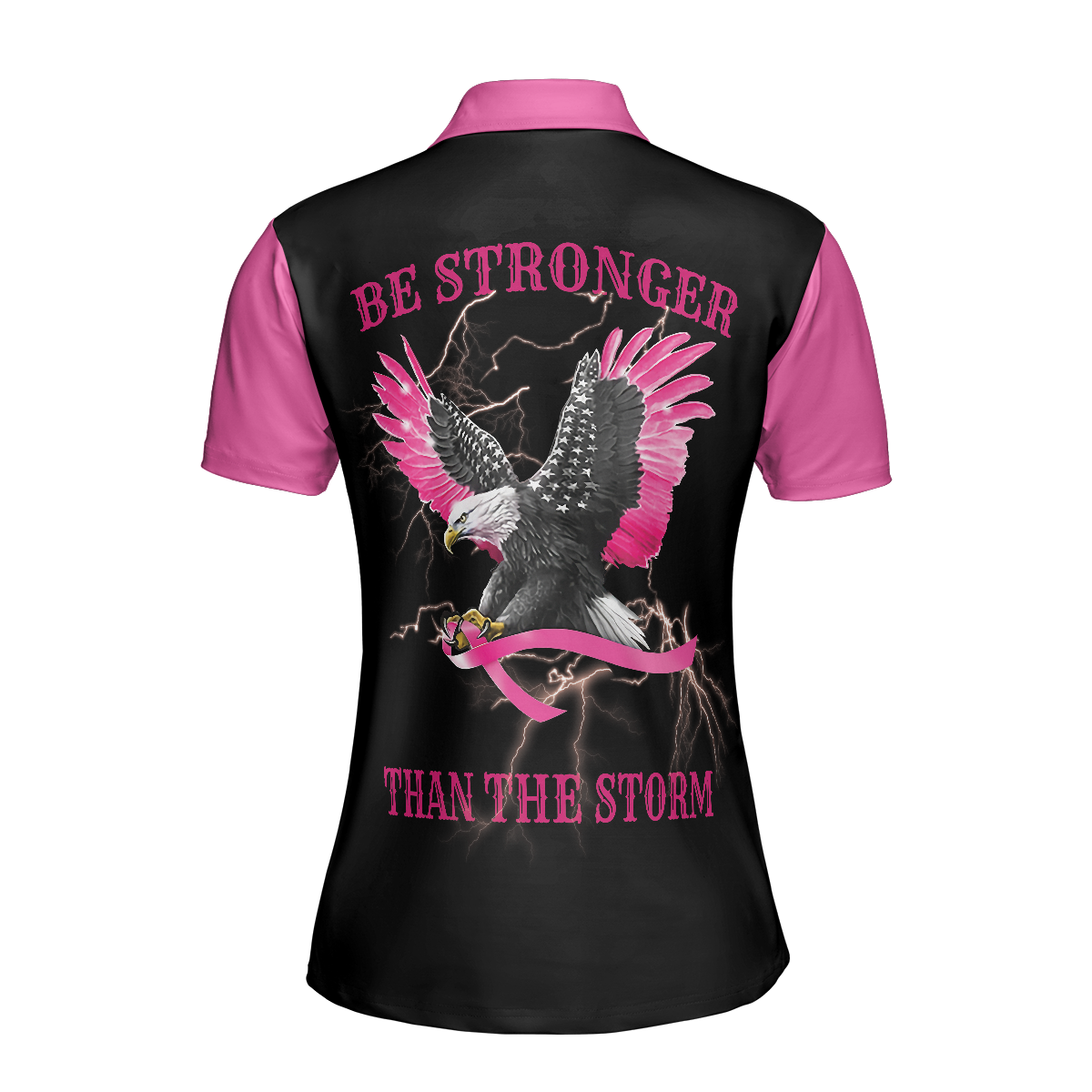 Breast Cancer Awareness Women Polo Shirt, Be Stronger Than The Storm Short Sleeve Shirt For Women, Eagle Awareness Ribbon Polo Shirt For Ladies