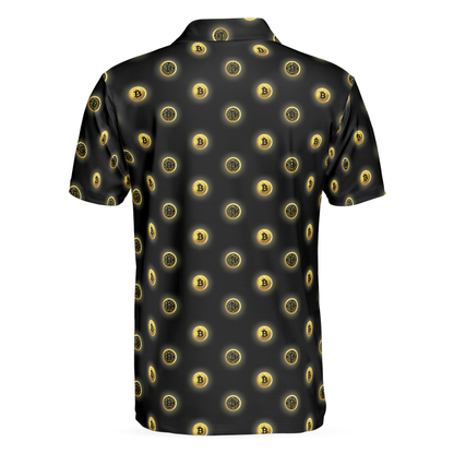 Golden Black Bitcoin Polo Shirt, Golden Cryptocurrency Short Sleeve Polo Shirt For Traders, Best Bitcoin Themed Shirt