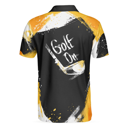 Artistic Black and Gold Crayon Strokes Short Sleeve Men Polo Shirt, Golf On Golf Shirt For Men