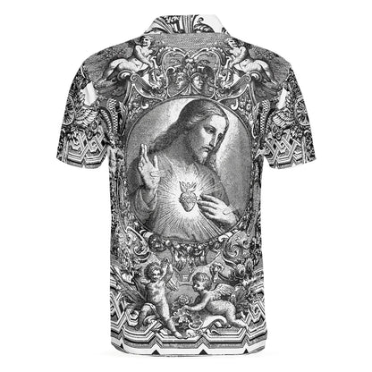 Jesus Christ Vintage Sketch Art Christian Men Polo Shirt, Black And White Christian Shirt For Men