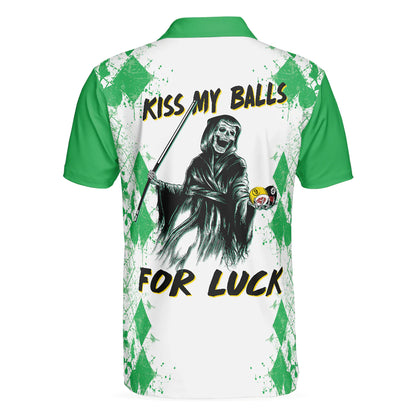 Green Argyle Pattern Billiards Men Polo Shirt, Kiss My Balls For Luck Death Polo Shirt, Polo Style Billiards Shirt For Male, Gift For Billiard Lovers