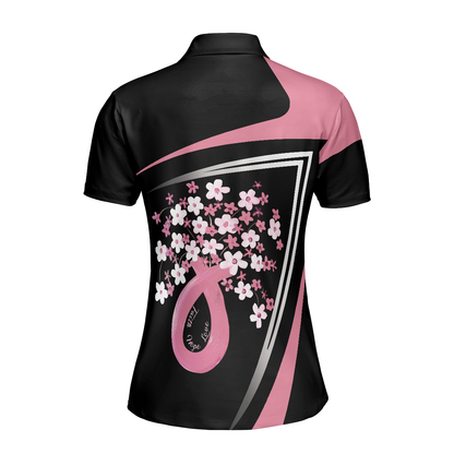 Flowers Faith Hope Love Pink Breast Cancer Awareness Short Sleeve Women Polo Shirt, Awareness Ribbon Polo Shirt For Ladies