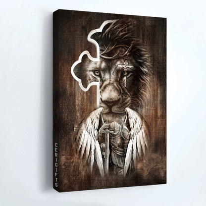 Jesus Portrait Canvas - Lion of Judah, Knight of God, Warrior with wings, Fight for Jesus Canvas - Gift for Christian Portrait Canvas