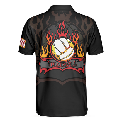 Volleyball Flame Short Sleeve Polo Shirt, Black American Flag Polo Shirt, Best Volleyball Shirt - Perfect Gift For Men